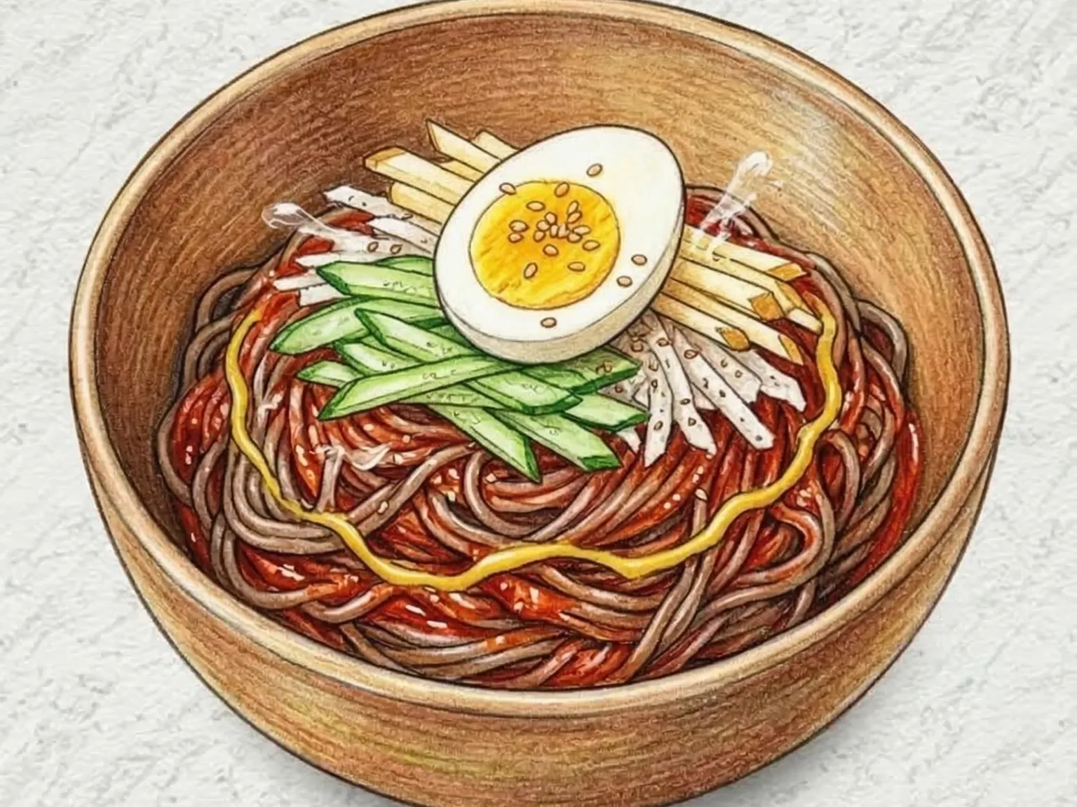 Bibim naengmyeon with spicy sauce and cucumber