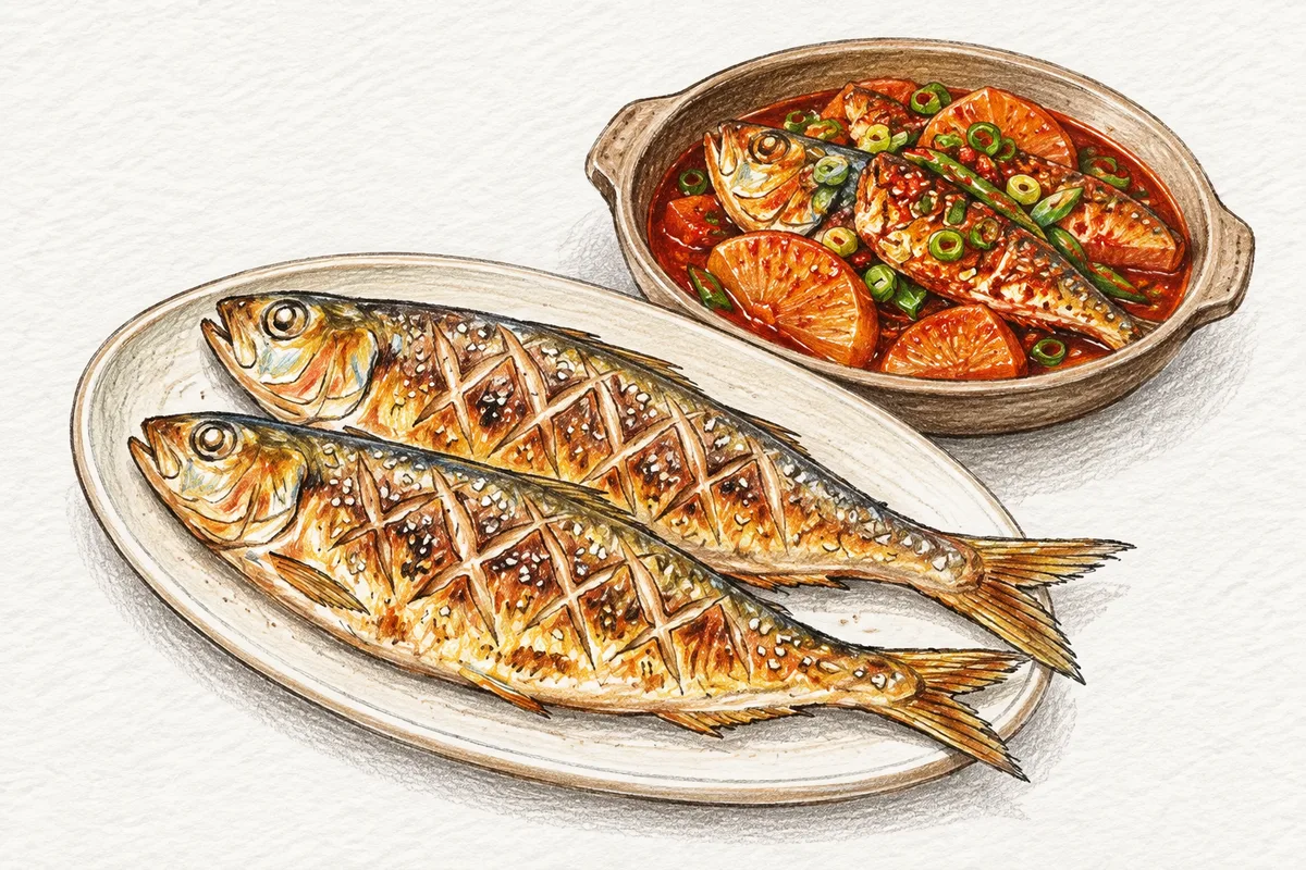 칼집을 낸 전어구이와 무를 깐 전어찜 일러스트