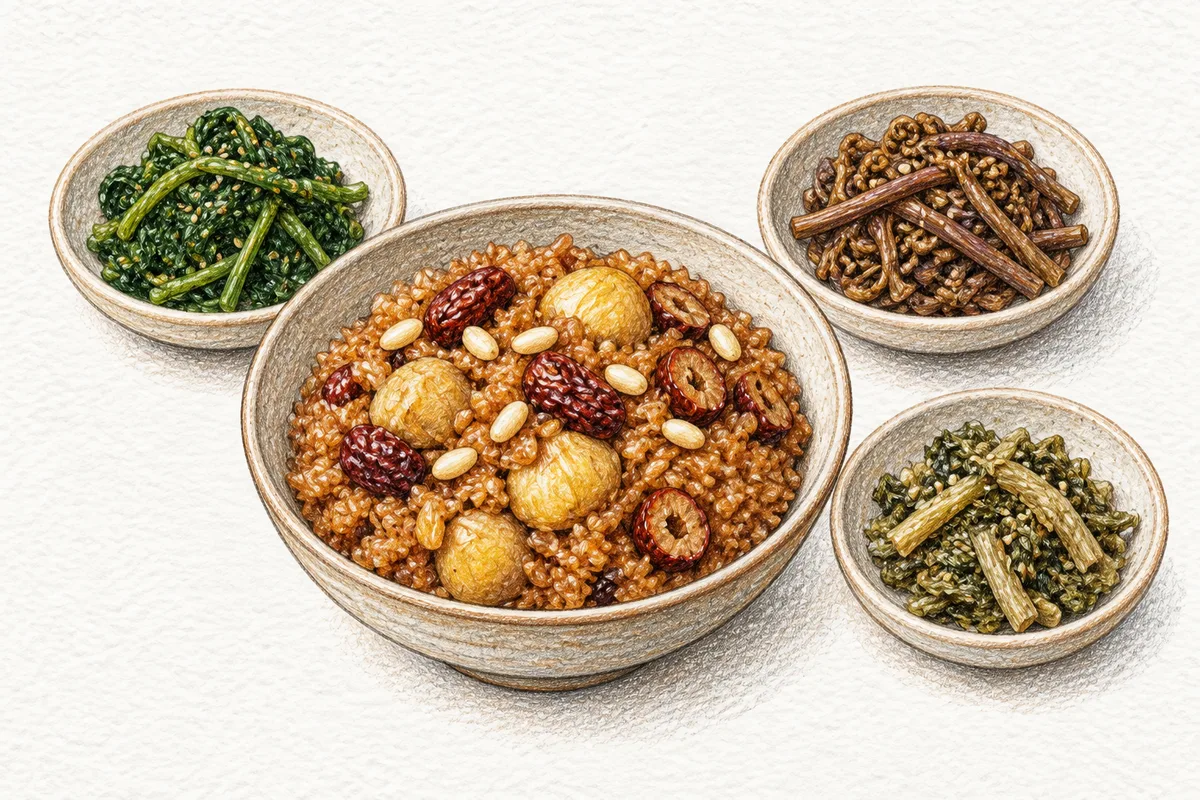 Illustration of yakbap with seasoned chwinamul, bracken fern, and dried radish greens