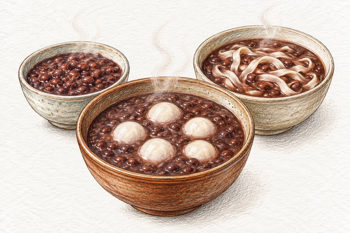 Illustration of red bean porridge with rice dumplings, sweet red bean porridge, and red bean noodle soup
