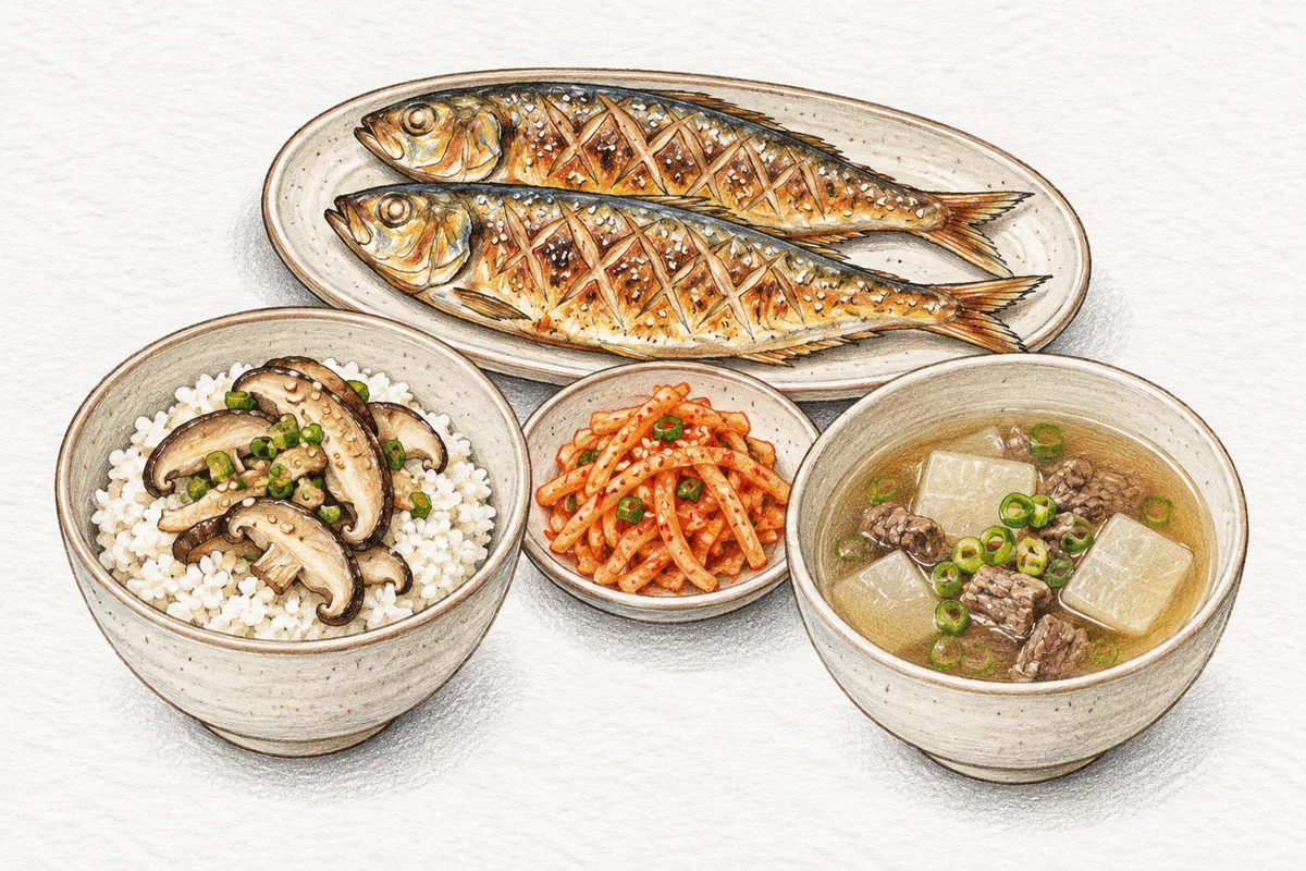 Illustration of an autumn meal with shiitake rice, beef radish soup, grilled gizzard shad, and radish salad