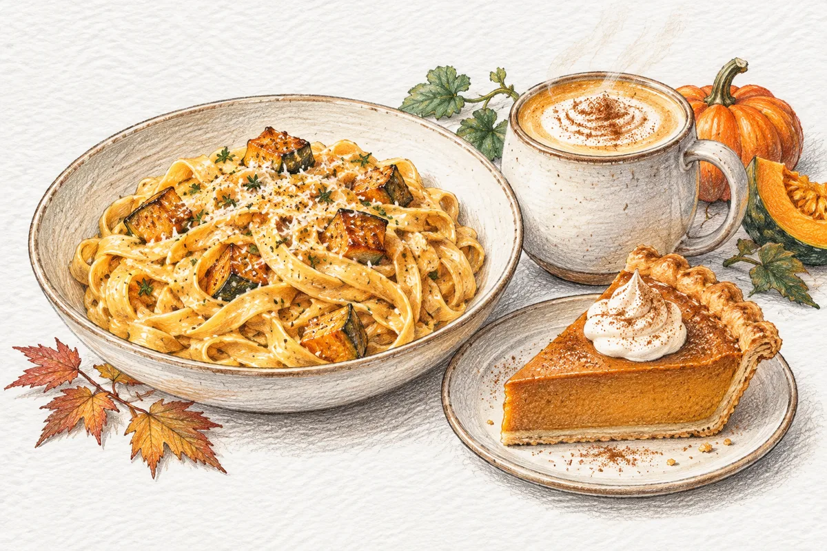 Illustration of pumpkin Alfredo fettuccine, a slice of pumpkin pie, and kabocha latte