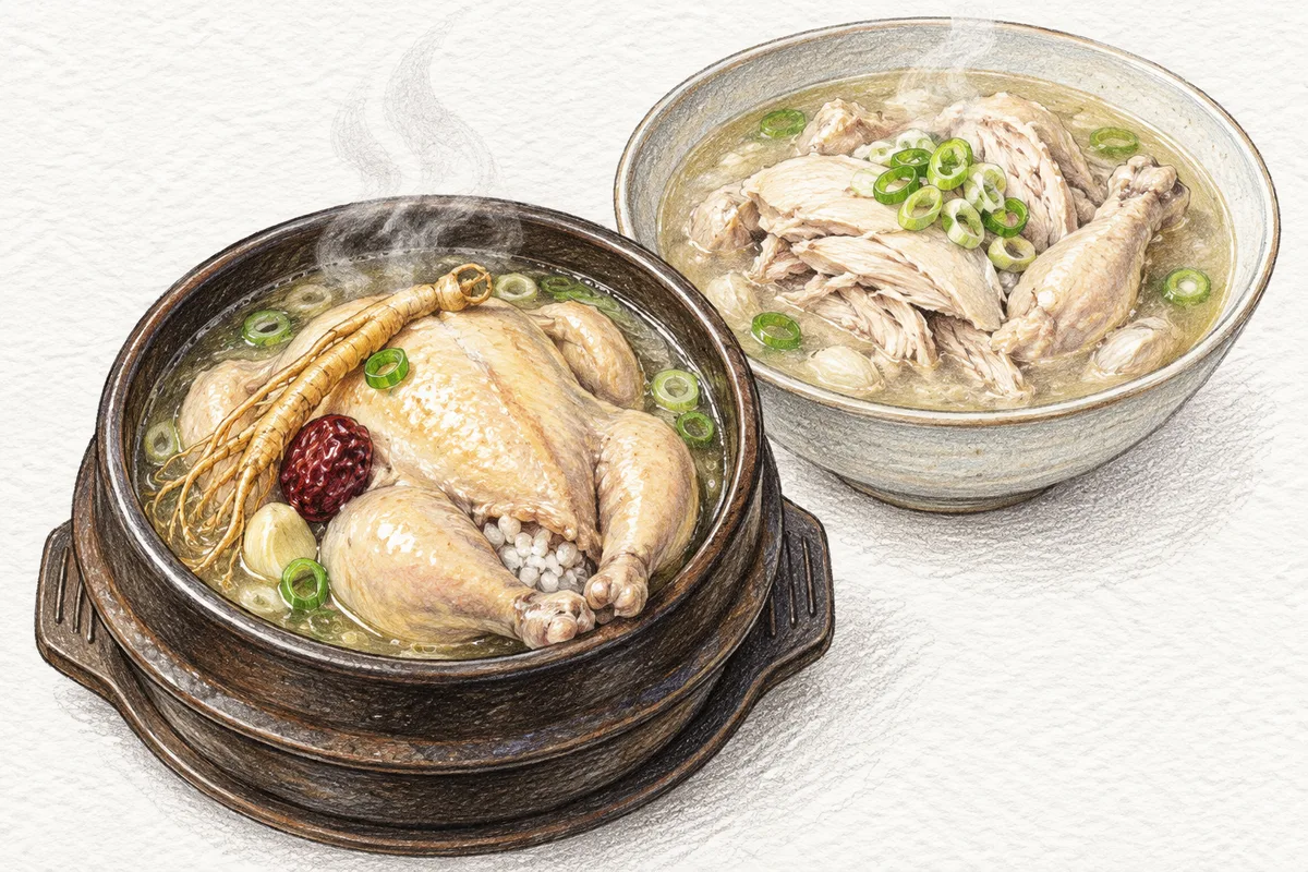 Illustration of an individual samgyetang and a shared bowl of dak-baeksuk