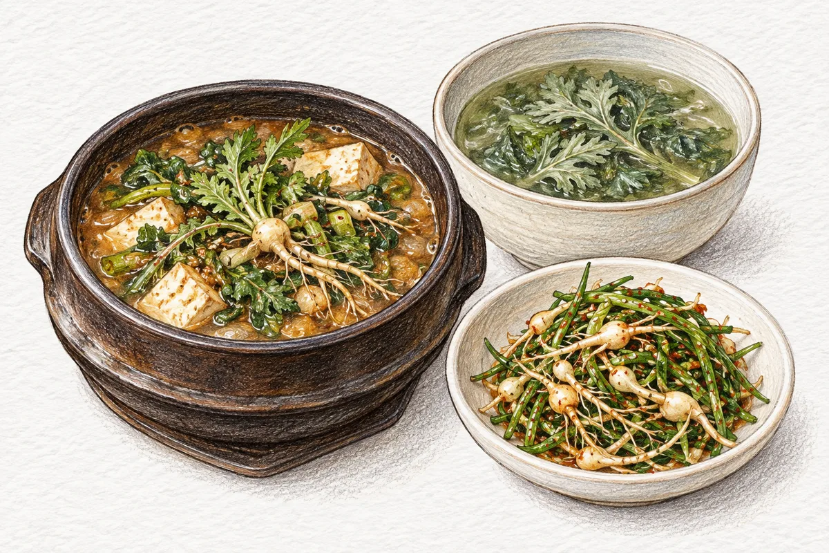 Illustration of naengi soybean paste stew, fresh wild chive salad, and mugwort soup