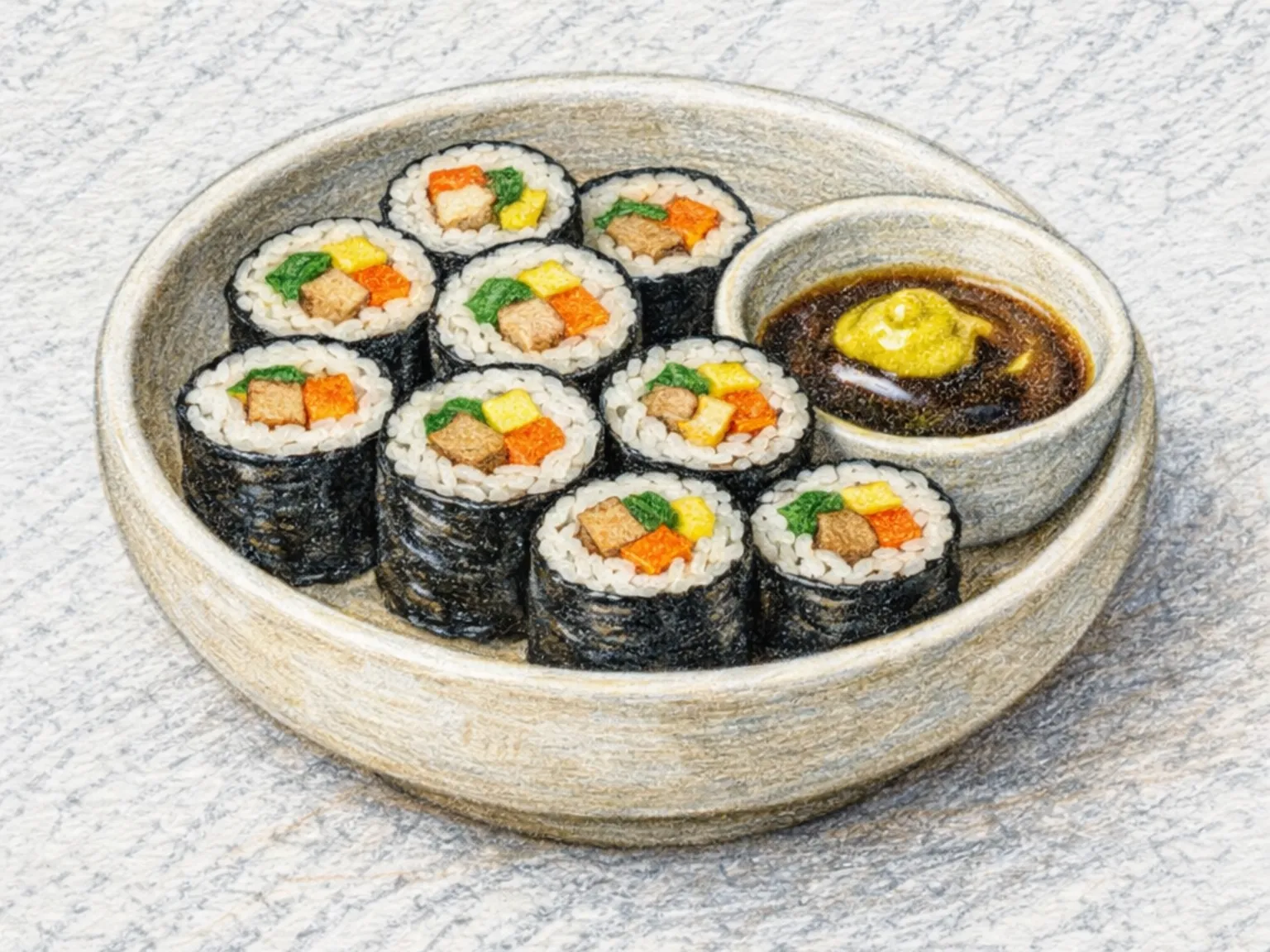 Sliced gimbap rolls on a plate